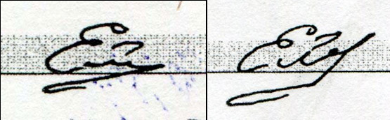 Фото 1, 2. Изображения спорной подписи (слева) и подписи-образца в доверенности от имени «Заёмщика».